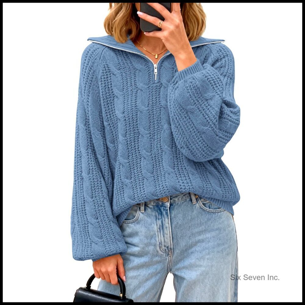 Oversized Quarter Zip Pullover Cable Knit Sweater Loose Fit Collared Winter
